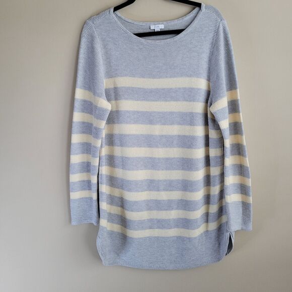 J. Jill Womens Knit Sweater Size Large Gray Light Yellow Stripes Tunic Length - Picture 1 of 10